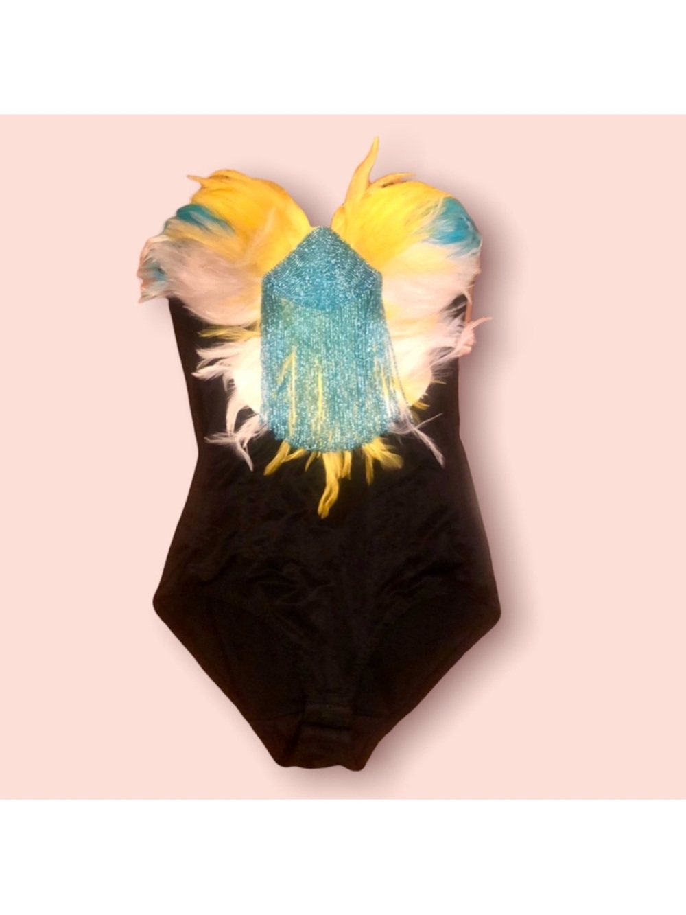 Handcrafted Designer Bodysuit with Blue & Yellow Feather Detail VINTAGE